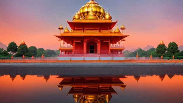 A temple with a reflection of the sky and the reflection of the sun