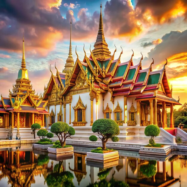 a temple with a reflection of a sunset in the water