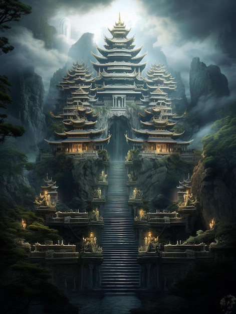 a temple with a staircase leading to a temple with a mountain in the background.