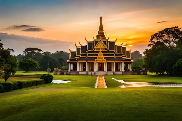 A temple with a sunset in the background