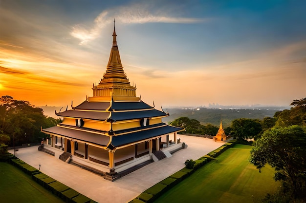 a temple with a sunset in the background