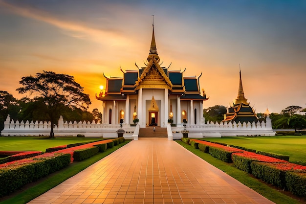 a temple with a sunset behind it