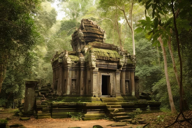 Temple with towering pillars and intricate carvings in a lush green forest