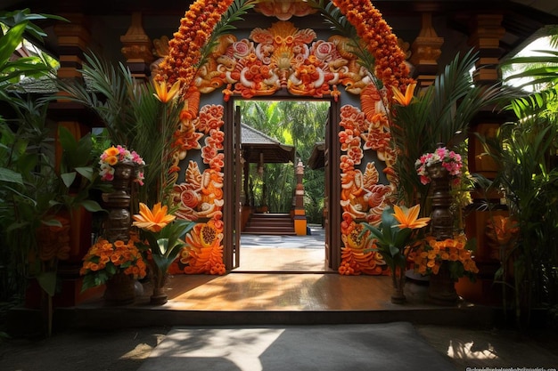 a temple with a tropical theme and flowers on the wall