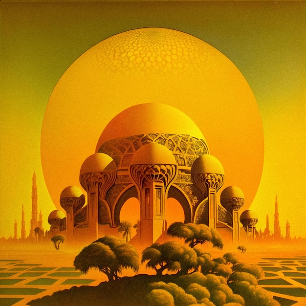 Храмы пейзаж обложка альбома нью-эйдж 1970-е зернистая текстура