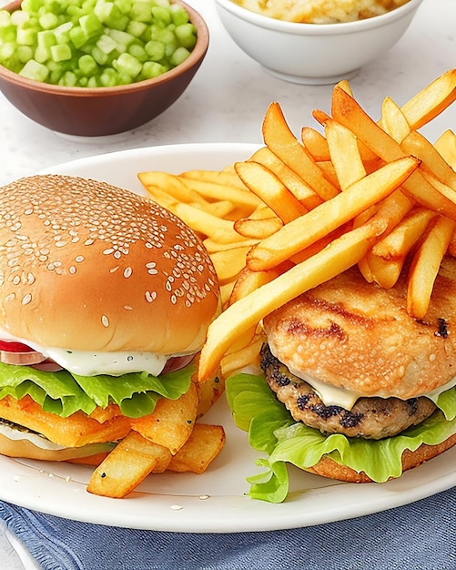 A tempting burger and French fries on a plate