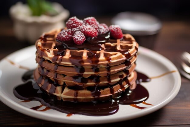 Tempting Chocolate syrup waffles Belgian dessert Generate Ai