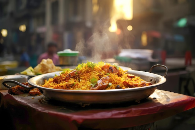 맛있고 전통적인 비리아니 한 그 ⁇ 을 특징으로하는 유혹적인 인도 음식 바스마티  ⁇  향신료와  ⁇ 고기로 만든 맛있는 요리 점심이나 저녁 식사에 완벽합니다.