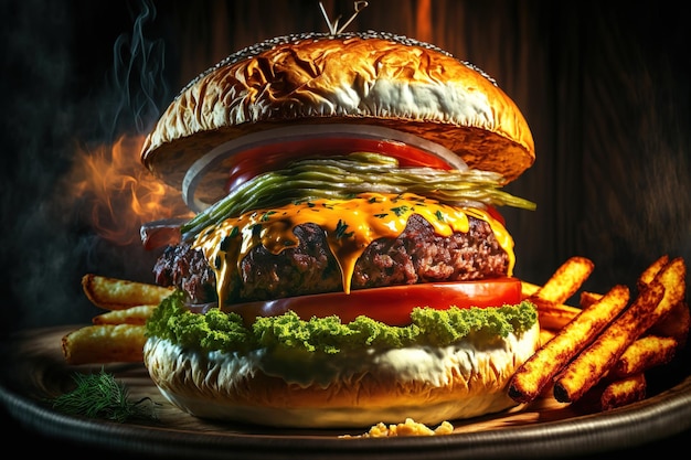 Tempting juicy cheeseburger served with potato fries with grilled tomatoes dill pickles mayonnaise and fried onions Up close View artisan burgers