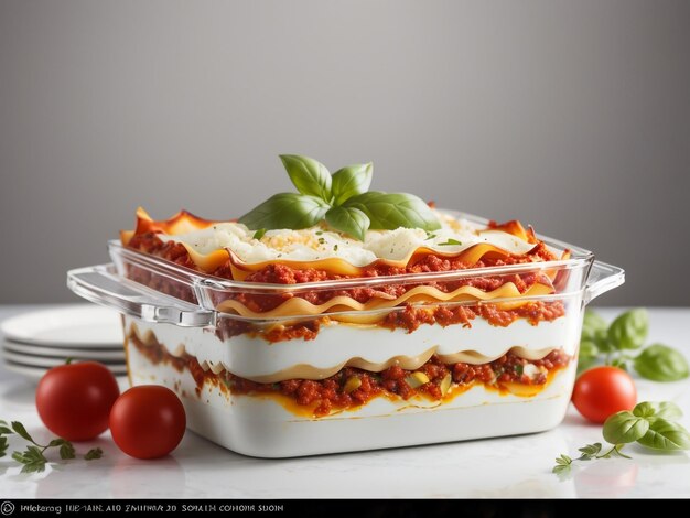 Photo tempting layers lasagna in baking dish isolated on transparent