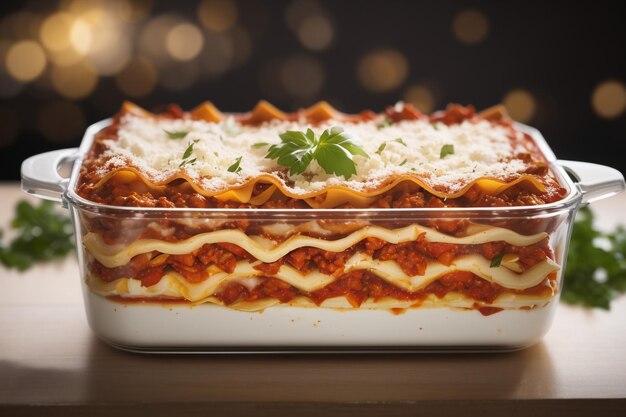 Photo tempting layers lasagna in baking dish isolated on transparent