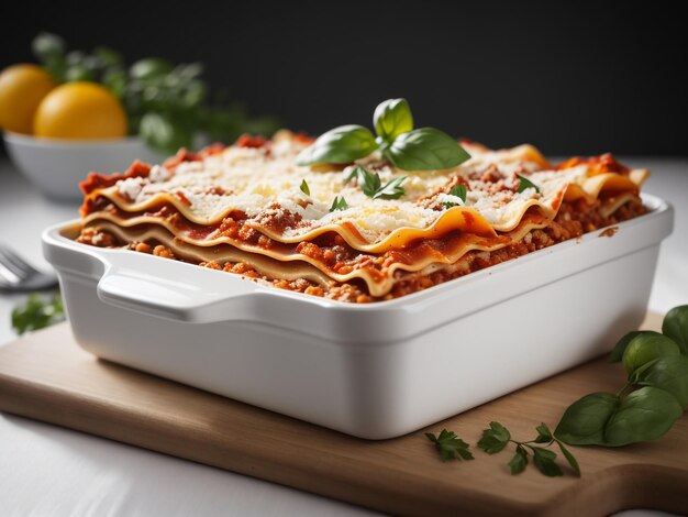 Photo tempting layers lasagna in baking dish isolated on transparent