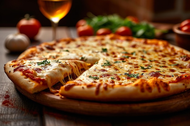 Tempting pizza delight Italian pizza with mouthwatering sticky melted cheese