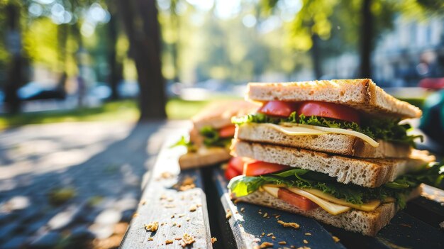 Tempting sandwiches against a city park background