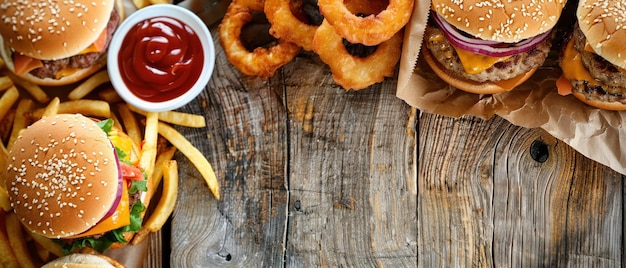 A tempting spread of classic fast food items including burgers fries