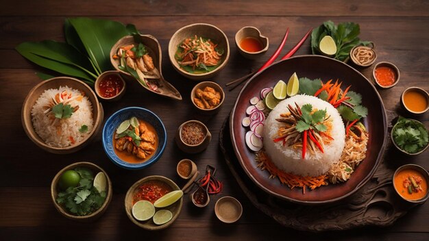 a tempting spread of Rice Thai dishes arranged artfully on a rustic wooden table highlight the vibra