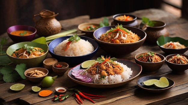 a tempting spread of Rice Thai dishes arranged artfully on a rustic wooden table highlight the vibra