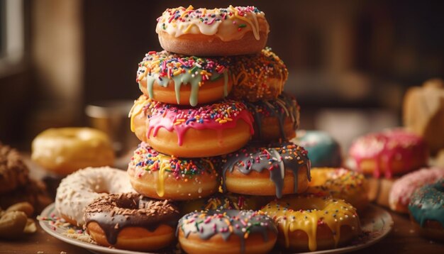 A tempting stack of homemade glazed donuts with strawberry icing generated by AI