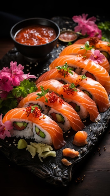 Tempting sushi on a ceramic plate against a dark background