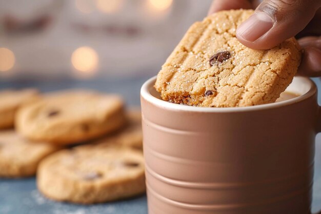 写真 テーブルの上のコーヒーマグに流れ込む魅力的なお菓子のクッキー