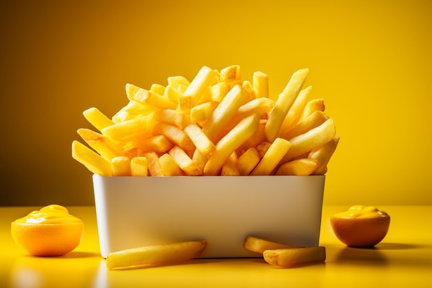 Tempting yellow box holds golden fries on a white backdrop