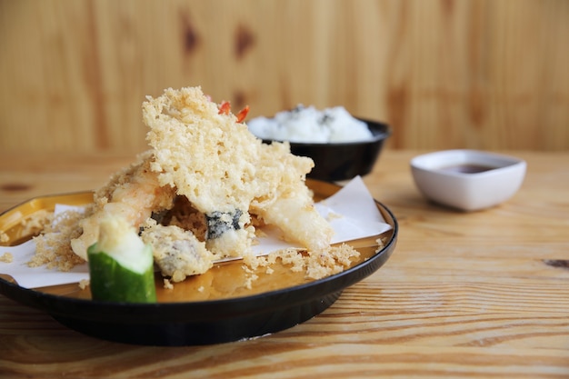 Tempura with rice set Japanese Food on wood background