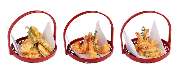 Tempura with seafood Japanese traditional dish On a white background