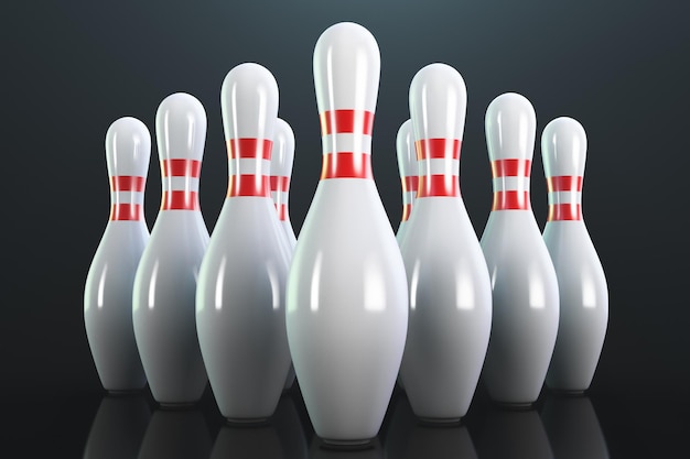 Ten bowling pins on the floor Closeup