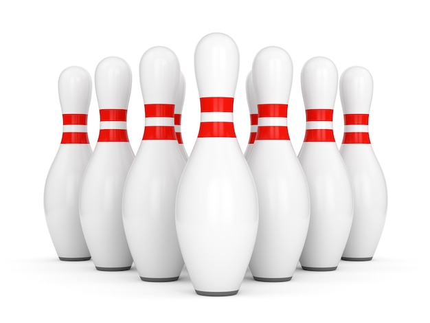 Photo ten bowling pins with red stripes isolated on white background. 3d illustration