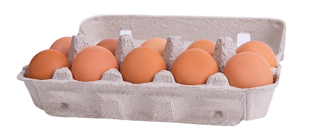 Ten brown eggs in a cardboard box.