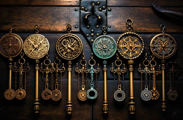 ten keys on a wooden table