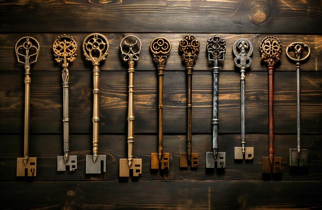 Photo ten keys on a wooden table