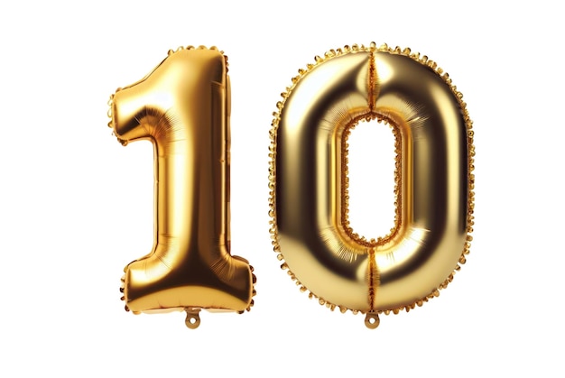 Ten number 10 font golden balloon isolated on white transparent background