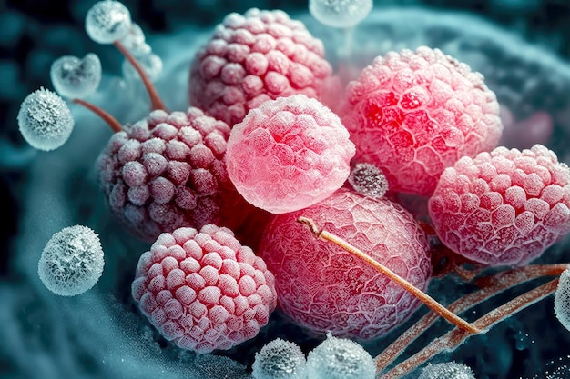 Tender bright frozen berries of raspberries covered with ice crystals