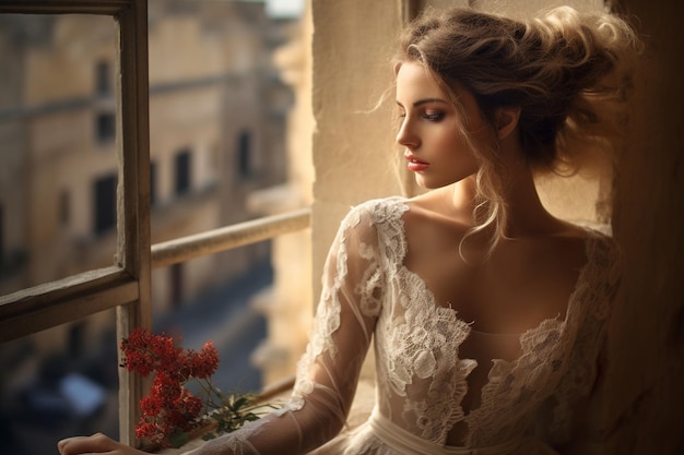 Tender bruid gekleed in een modieuze trouwjurk staat op het balkon van een oude steen