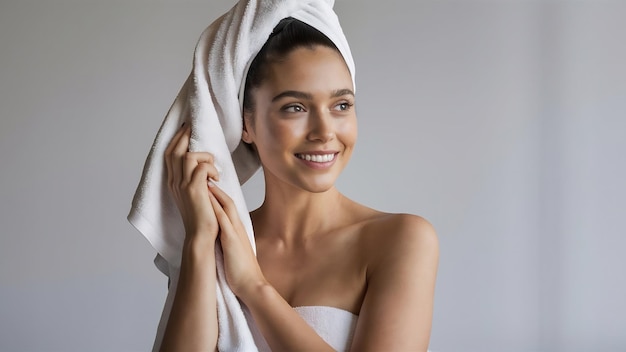 Tender brunette beautiful woman in towel drying hair smiling over white bakground