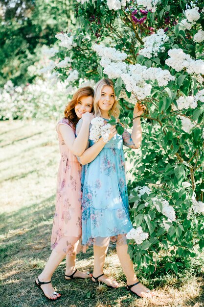 Tender and cheerful twins sisters in beautiful dresses posing together in summer sunny park.