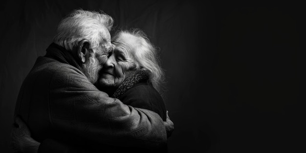 Tender Embrace of Elderly Couple in Monochrome