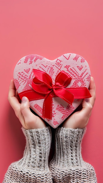 Нежное объятие подарка в форме сердца в красном