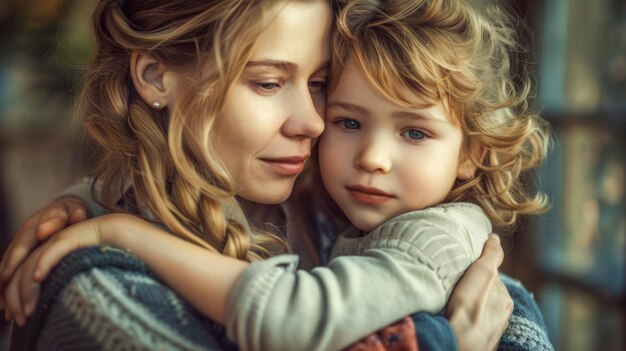 부드러운 포옹 사랑 하는 어머니 와 자녀 가정 의 편안 한 환경 에서 따뜻 한 애정적 인 포옹 을 나누는 것