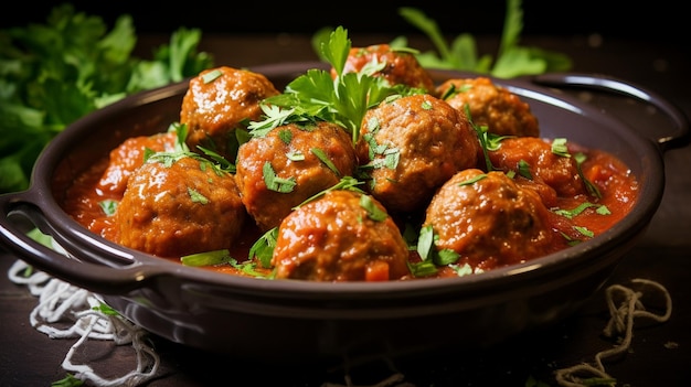 Tender en smaakvolle gehaktballen geserveerd in een heerlijke tomatensous versierd met verse kruiden