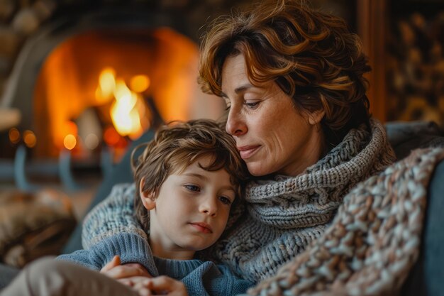 Photo tender family moment with mother and child snuggling in cozy fireplace setting