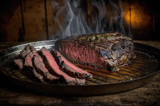 Tender flank steak cooked over hot grill with charred and smoky exterior