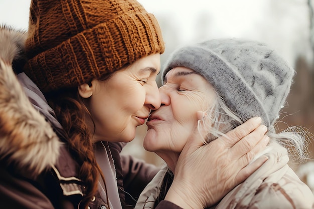 Tender Generational Kiss in Winter