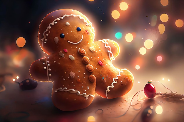 Tender gingerbread cookie with Christmas lights bokeh in the background Christmas illustration