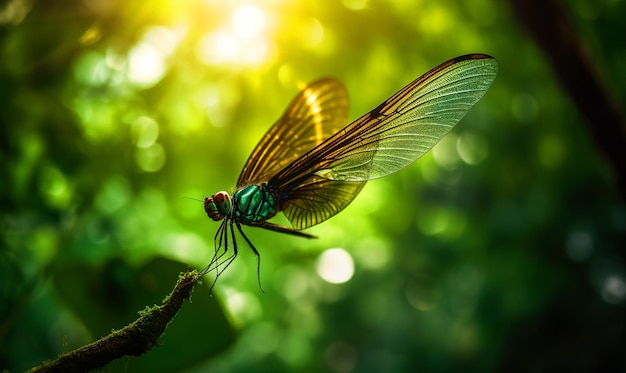 Tender green dragon fly zittend op de boomtak Mooi insect in de straal van de zon op onscherpe achtergrond Close up Generative AI