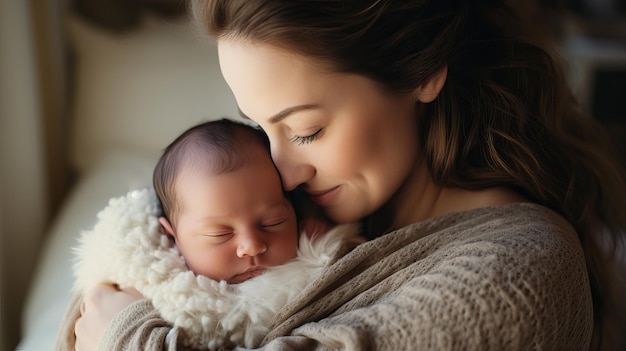 Tender Hugs Young Woman with Newborn Baby