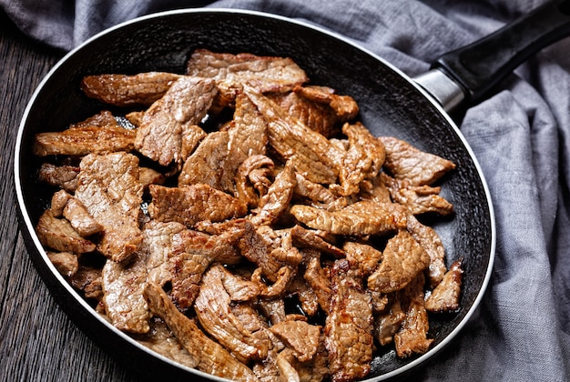 Tender and juicy fried ribeye beef steak cut into strips, minute steak on a skillet on a dark wooden table, landscape view from above