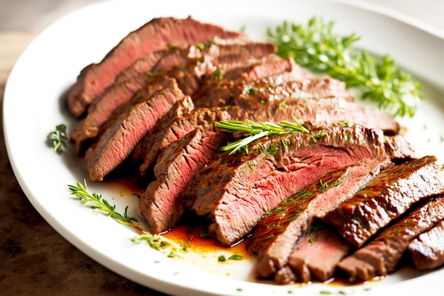 Tender juicy pieces of choed flank steak on white platter