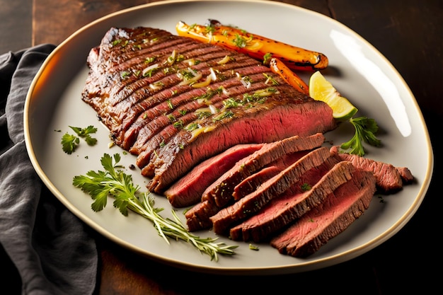 Tender juicy pieces of chopped flank steak on white platter